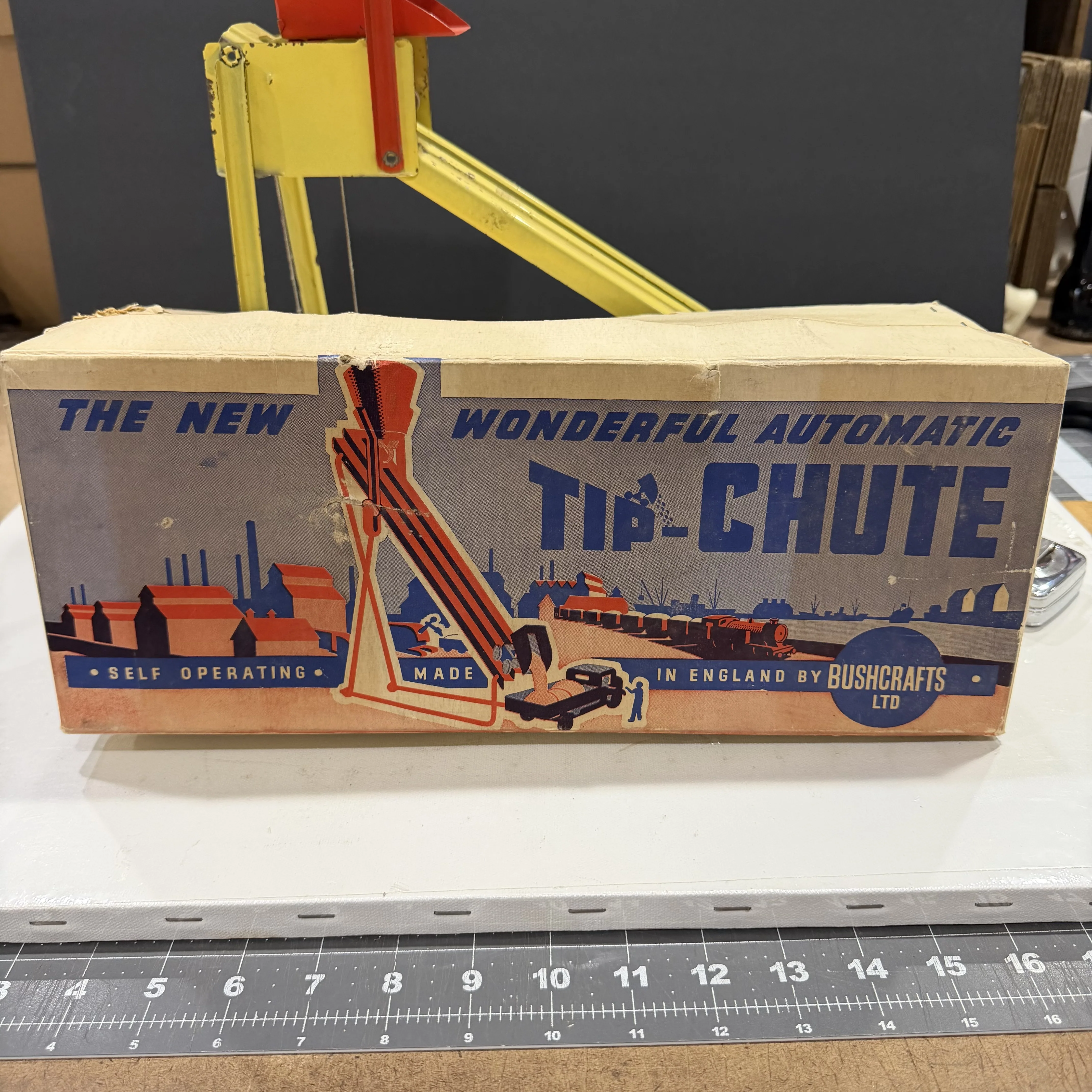 Boxed Wonderful Automatic Tip Chute tin toy from the Haney vintage collection