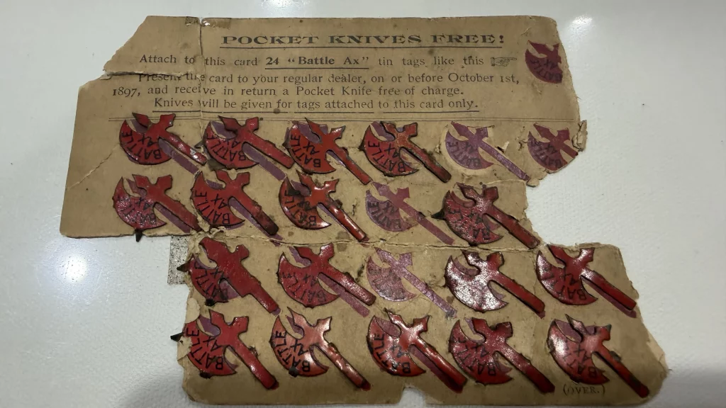 17 of 24 Battle Ax Tobacco Tags on a Rare 1897 Free Pocket Knife Card view 2