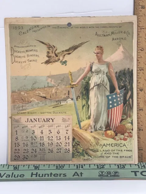 Aultman Miller and Co Buckeye Mower 1893 Calendar, Lady Liberty America
