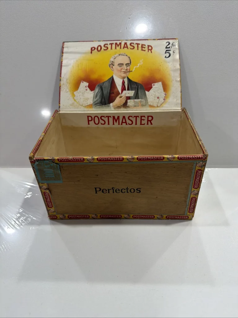 Antique 1930s Postmaster Store Display Wooden Cigar Box With Tax Stamp view 3