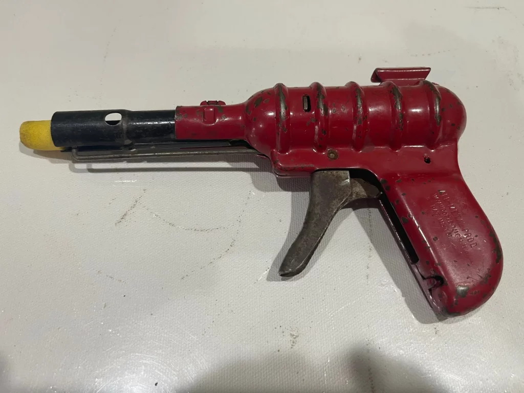 Vintage 1940s Red Space Metal Toy Pop Gun by Wyandotte view 5