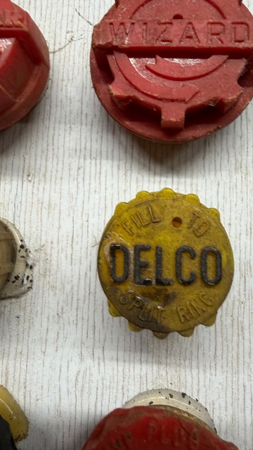 27 Vintage Battery Caps in Shadow Box - Hester, Delco, Exide, Wizard! view 12