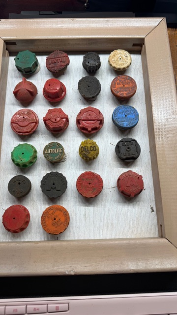 27 Vintage Battery Caps in Shadow Box - Hester, Delco, Exide, Wizard!