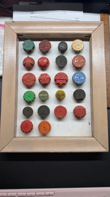 27 Vintage Battery Caps in Shadow Box - Hester, Delco, Exide, Wizard! view 5