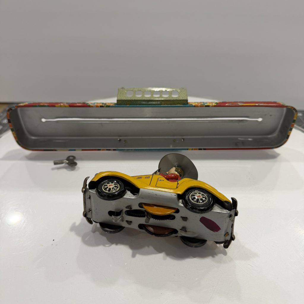 RARE YELLOW MINT Marusan Tin Wind-Up Magic Wonder MG Car & Track Set-WORKS view 13