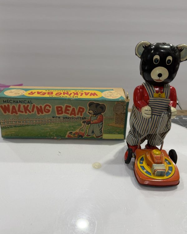 Vintage 1950s TPS Japan Mechanical Walking Bear w/Grasscutter Mower - NIB