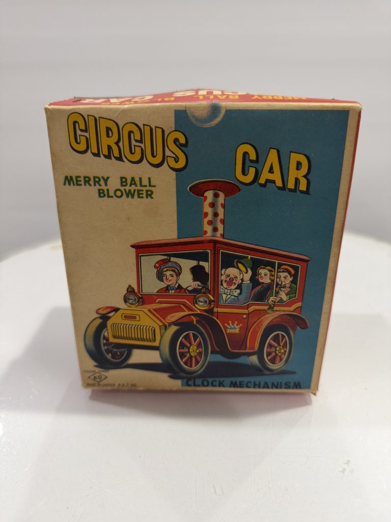 Vintage Yoshiya KO Circus Car Merry Ball Blower Tin W/U Japan RARE GREEN view 2