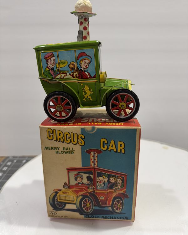 Vintage Yoshiya KO Circus Car Merry Ball Blower Tin W/U Japan RARE GREEN