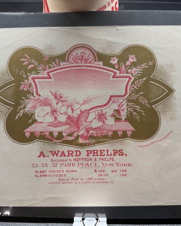 1880s A Ward Phelps Cigar Label Salesman Sample NY Chicago Gold Pink Floral