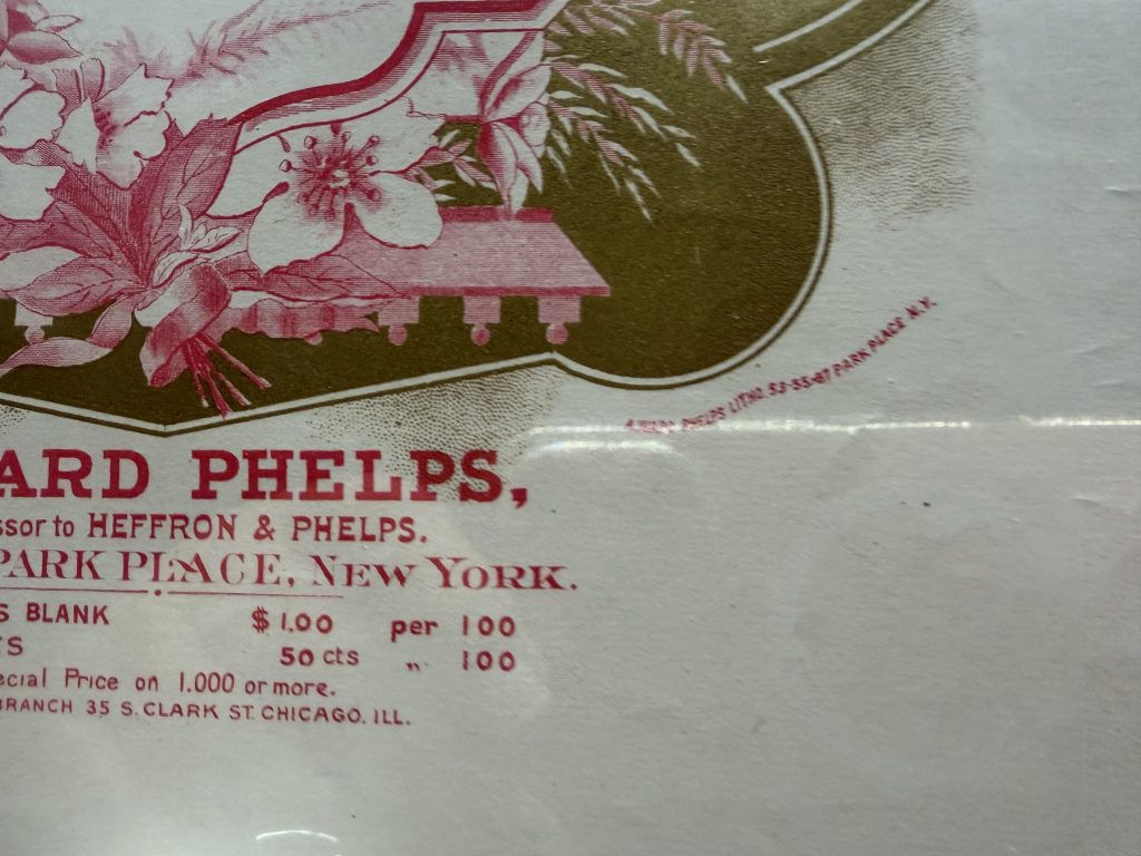 1880s A Ward Phelps Cigar Label Salesman Sample NY Chicago Gold Pink Floral view 2